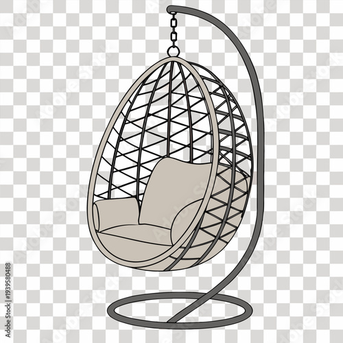 A hanging wicker chair dominates the frame, centered and suspended from a metal chain at the top. The chair features a rounded, teardrop shape with a woven pattern in a natural, light brown color. Ins