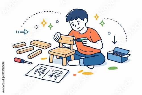 Boy building small wooden chair with tools, following instructions for diy hobby