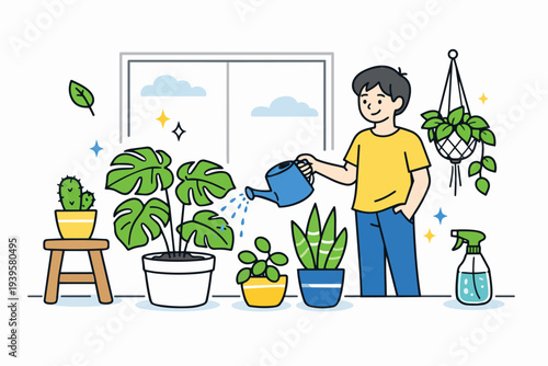 Man watering indoor plants, caring for houseplants in apartment or home
