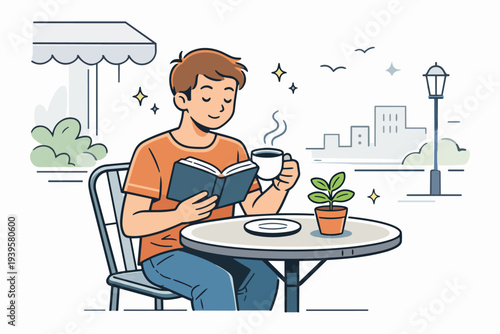 Young man enjoying reading book and drinking coffee at outdoor cafe terrace