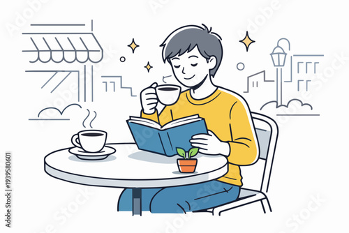 Man enjoying coffee and reading book at outdoor cafe, relaxing street lifestyle