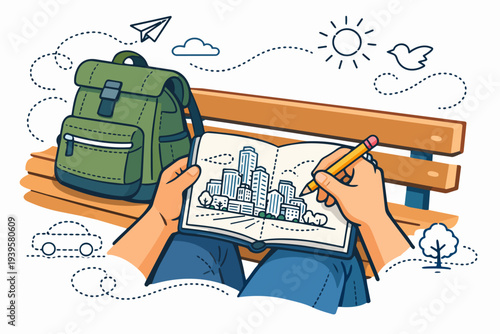 Person drawing city landscape in sketchbook, sitting on park bench, travel inspiration