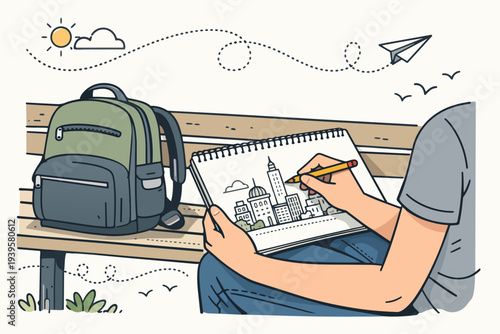 Person drawing city landscape on a sketchpad, dreaming about travel and adventure