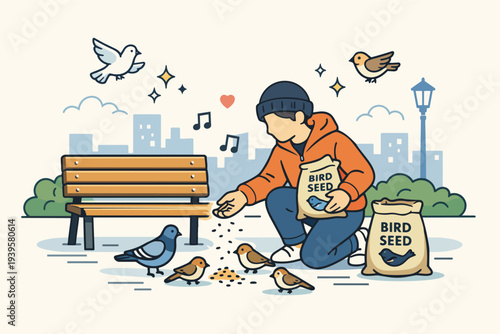 Person feeding birds in a city park, showing compassion and animal care