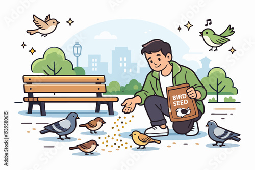 Man feeding birds in city park, showing kindness and care for nature