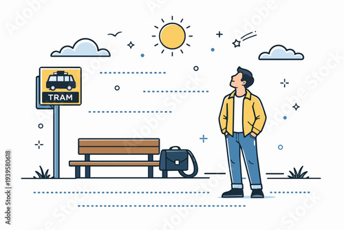 Man standing at tram stop, waiting for public transport under the sun