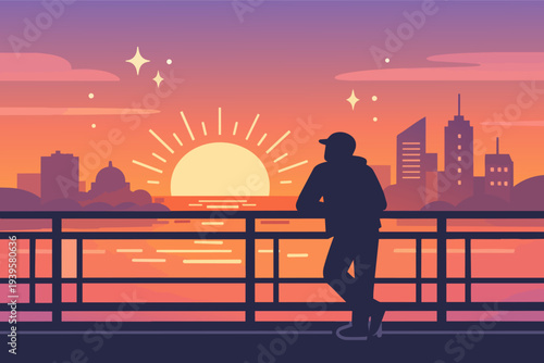 Person silhouette admiring sunset cityscape view from bridge railing over water