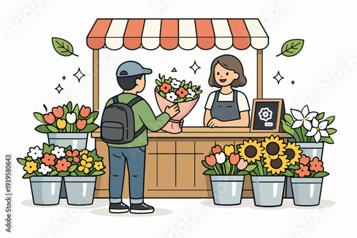 Customer buying fresh flower bouquet from a smiling florist at a market stall