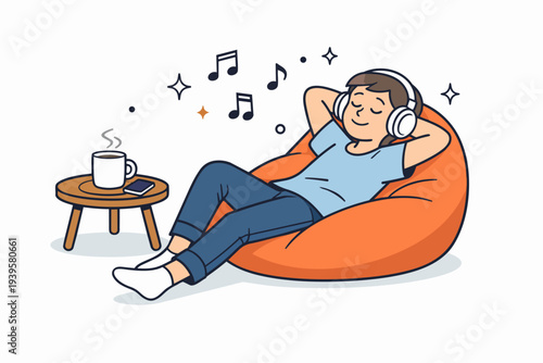 Person relaxing in bean bag, listening to music with headphones, enjoying leisure time