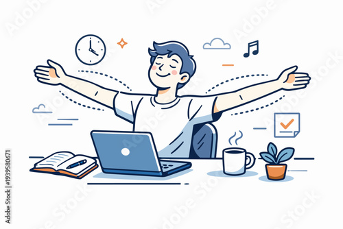 Happy man stretching at desk feeling relief after completing work task