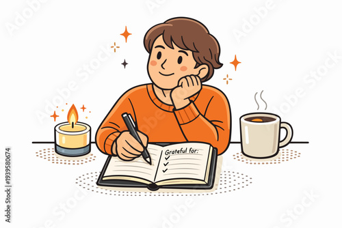 Person focusing on mental wellness, writing thankful thoughts in a journal