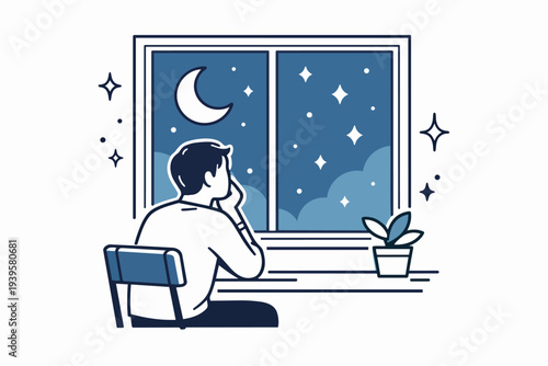 Person thinking by window at night, stargazing and dreaming under moonlight