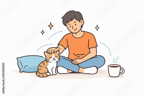Person petting cat, enjoying morning coffee and comfortable home relaxation