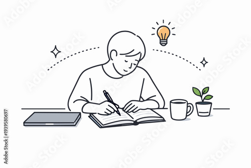 Student writing in notebook getting an idea, studying and learning concept