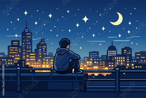 Solitary young person contemplating night city skyline under starry sky with moon