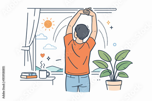 Person stretching at window, welcoming morning, health and wellness routine