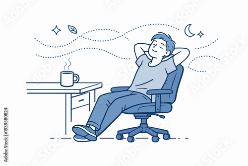 Man relaxing in office chair, dreaming and finding peace during a coffee break