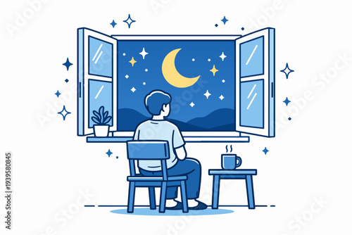 Man sitting by open window contemplating peaceful night sky with moon and stars