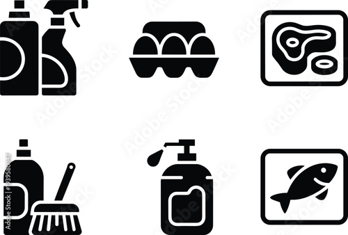 Household cleaning and food icons set with detergent spray eggs meat brush soap fish cad drawing flat vector illustration