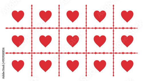 Red Heart Grid Seamless Pattern: Romantic Valentine’s Day Vector Illustration with Dotted Line Borders for Gift Wrap, Textiles, and Love-Themed Stationery