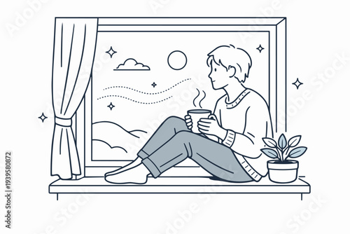 Person sitting on windowsill, drinking hot beverage, looking out at starry night sky