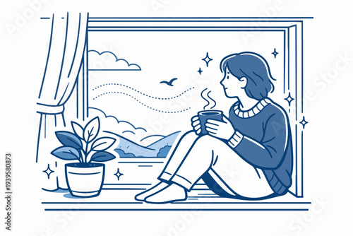 Girl enjoying hot drink by window, watching mountain landscape and enjoying peace