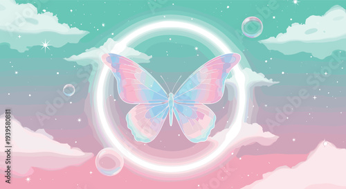 Pastel butterfly fantasy vector illustration with glowing circle clouds bubbles dreamy magical sky aesthetic background