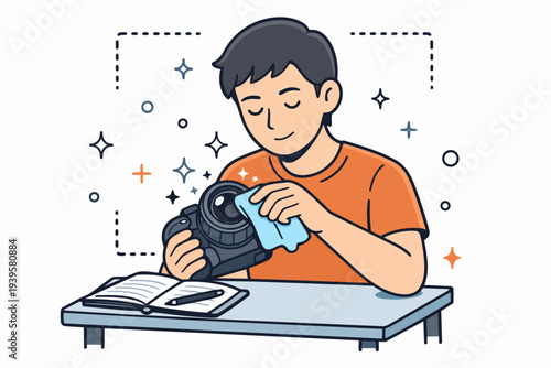 Photographer man cleaning camera lens for photography equipment care