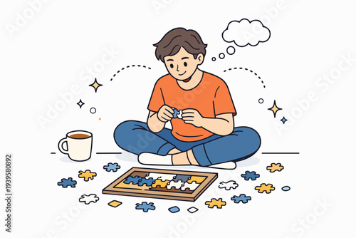 Young man engaging in problem solving with a jigsaw puzzle at home