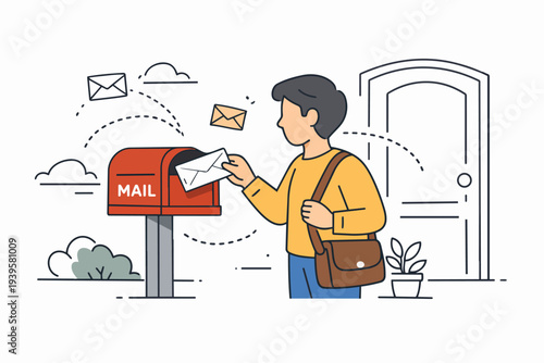 Mailman delivering letter to a mailbox, postal service and communication concept