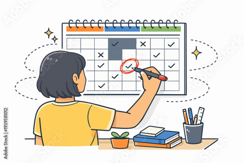 Woman marking completed tasks on calendar, planning schedule and managing time