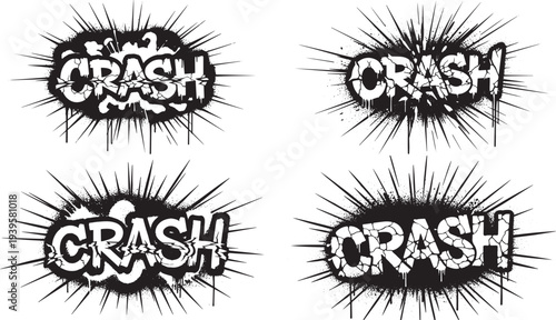 Set of 4 black and white comic book style 'CRASH' word art vector illustrations with grunge and splatter effects, perfect for impactful design elements and sound effects.