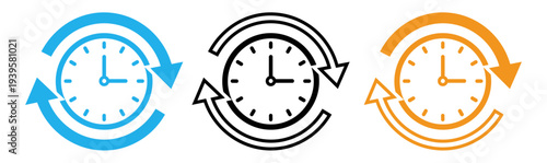 Clocks with circular arrows in blue black and orange