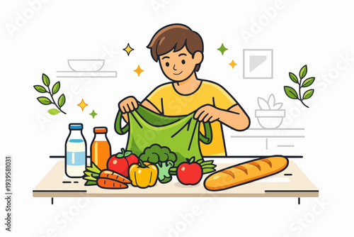 Young man unpacking fresh groceries from a reusable bag after shopping