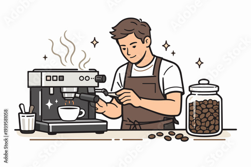 Barista preparing fresh espresso using a coffee machine and portafilter