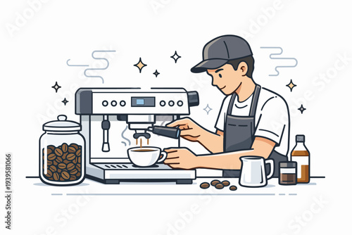 Barista making espresso brewing fresh coffee with a professional machine