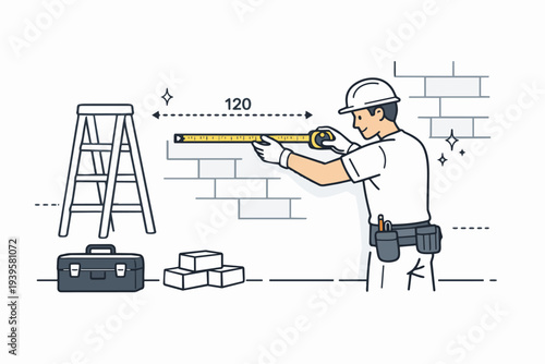 Construction worker completing wall measurement with tape measure for building accuracy