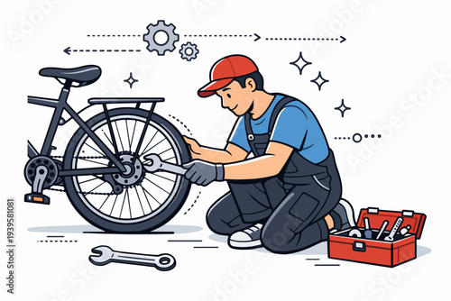 Bicycle mechanic repairing a bike wheel using wrench and toolbox in workshop
