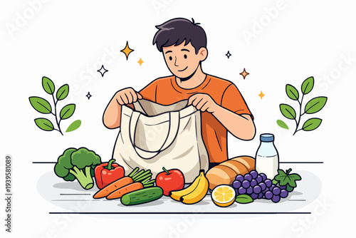 Man packing groceries into reusable bag, promoting healthy eating and sustainability