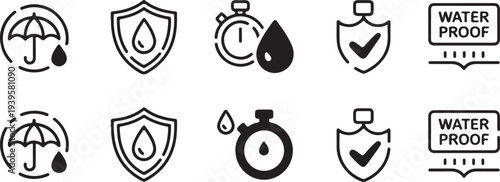waterproof pictogram pack umbrella shield check stopwatch seal square
