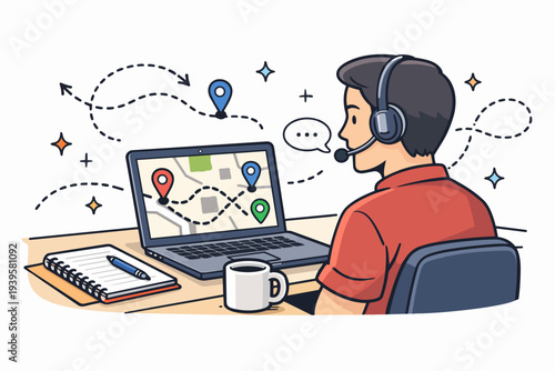 Dispatcher providing customer support, managing logistics on laptop with map app