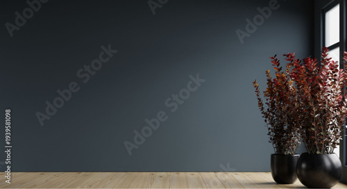 Modern interior with potted plants on wooden floor by window