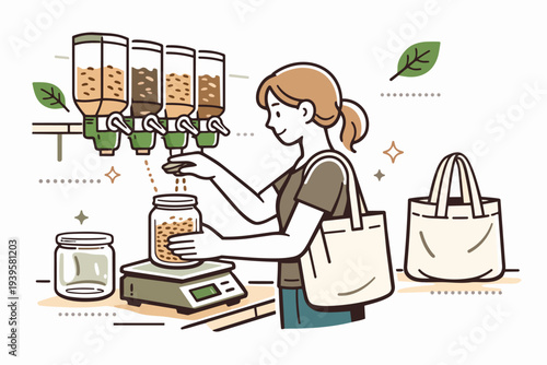 Woman shopping plastic-free products at bulk store, supporting zero waste lifestyle