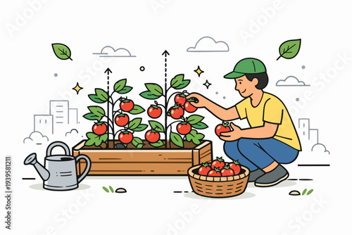 Man harvesting fresh tomatoes from a raised garden bed in an urban farming setup