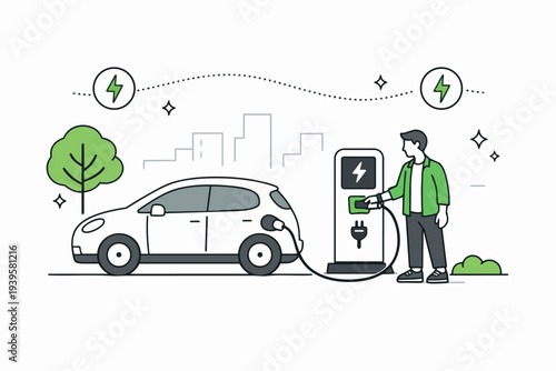 Person charging electric vehicle at station, promoting green energy and sustainable transport