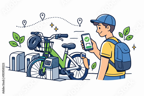 Person using mobile app for urban bicycle sharing service at a bike station