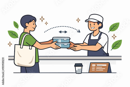 Customer and vendor participating in a reusable container exchange for eco-friendly takeaway