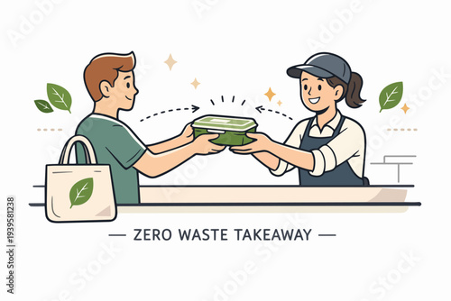 Customer receiving zero waste takeaway food in reusable container from restaurant worker