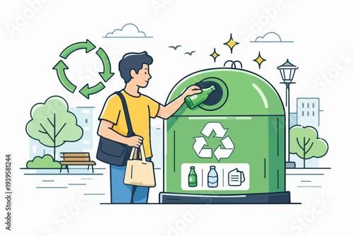 Young man recycling glass bottle into green bin, promoting sustainability