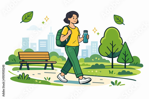 Woman walking in city park, exercising for healthy lifestyle and hydration
